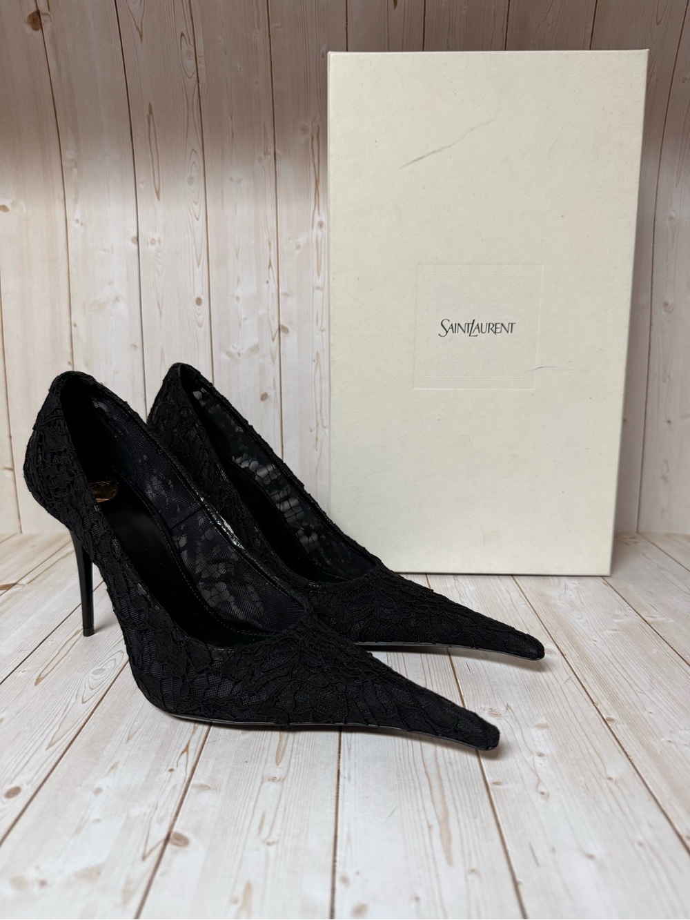 Saint Laurent Thierry Pointy Toe Lace Pumps Black Sz 39.5 / 9.5